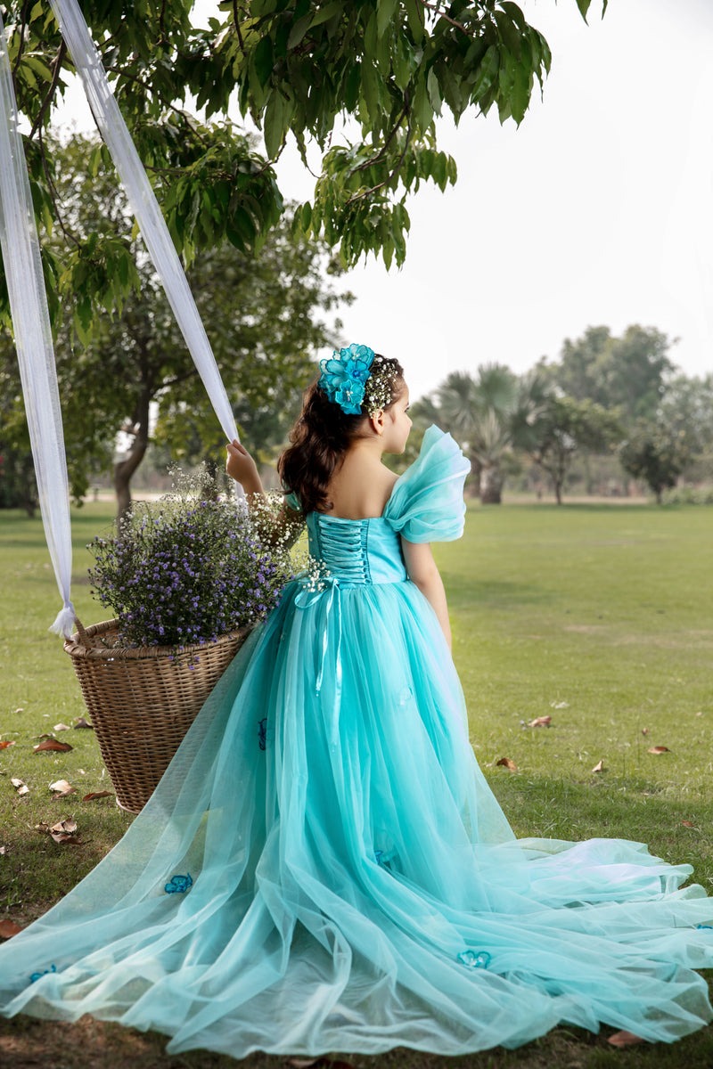 Blue  long tail gown with 3D flowers