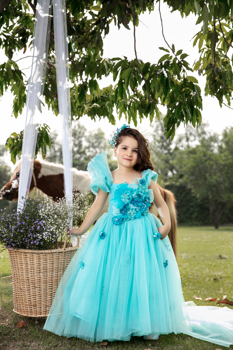Blue  long tail gown with 3D flowers
