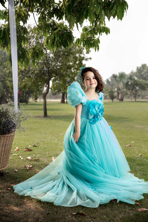 Blue  flower girl long tail gown with 3D flowers