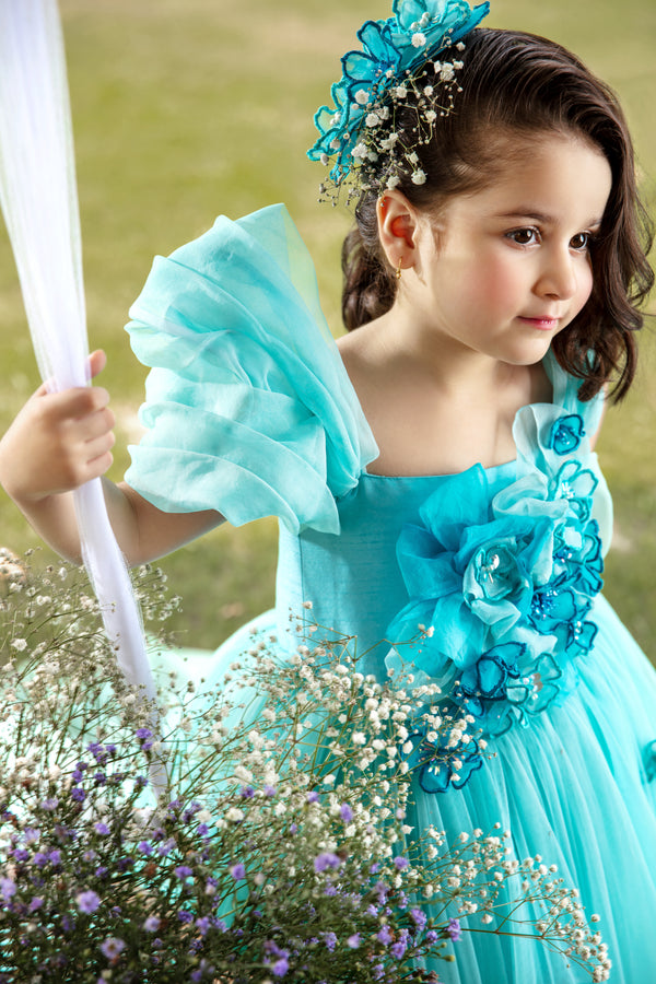Blue  flower girl  long tail gown with 3D flowers